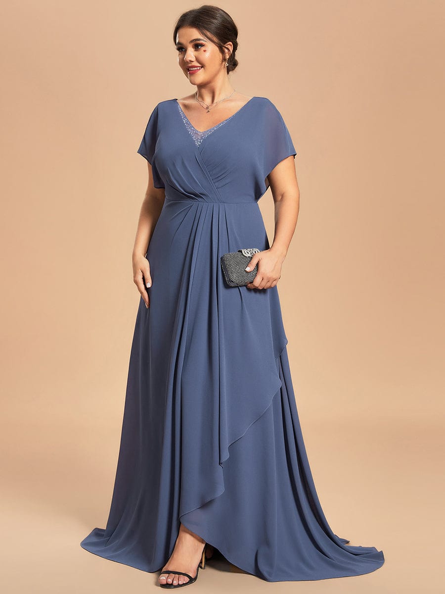 Custom Size Chiffon Beading V-neck Short Sleeves Mother of the Bride Dress #color_Stormy Custom Size Chiffon Beading V-neck Short Sleeves Mother of the Bride Dress