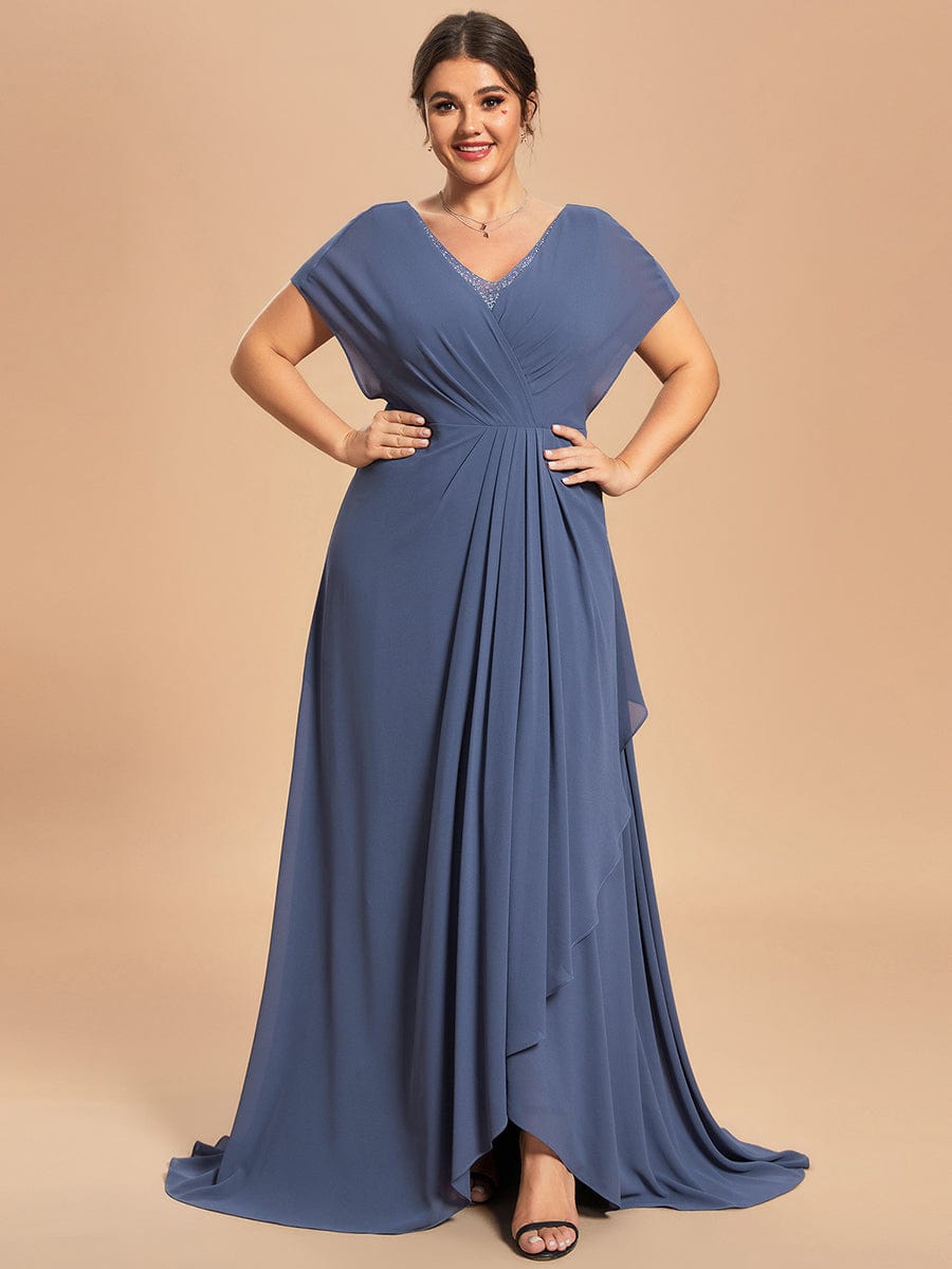 Custom Size Chiffon Beading V-neck Short Sleeves Mother of the Bride Dress #color_Stormy Custom Size Chiffon Beading V-neck Short Sleeves Mother of the Bride Dress