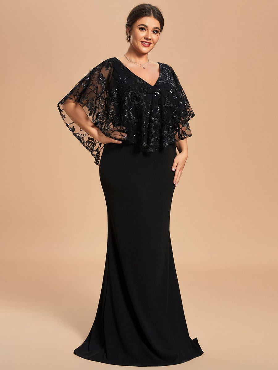 Custom Size Sequin Cape Short Sleeves Mermaid Mother of the Bride Dress #color_Black Custom Size Sequin Cape Short Sleeves Mermaid Mother of the Bride Dress