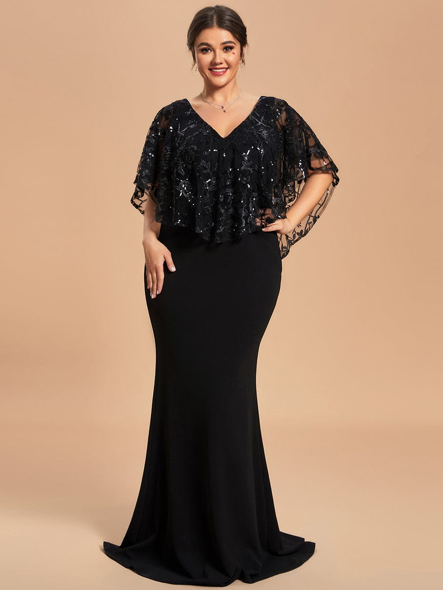 Custom Size Sequin Cape Short Sleeves Mermaid Mother of the Bride Dress #color_Black Custom Size Sequin Cape Short Sleeves Mermaid Mother of the Bride Dress