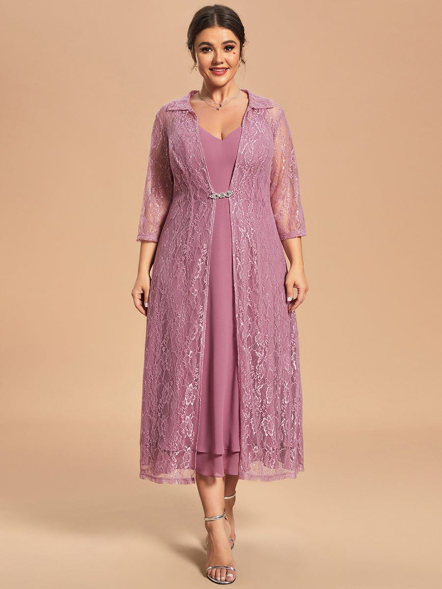 Custom Size Two-Piece Set Chiffon Sleeveless Long Sleeve Lace Mother of the Bride Dress #color_Purple Orchid Custom Size Two-Piece Set Chiffon Sleeveless Long Sleeve Lace Mother of the Bride Dress