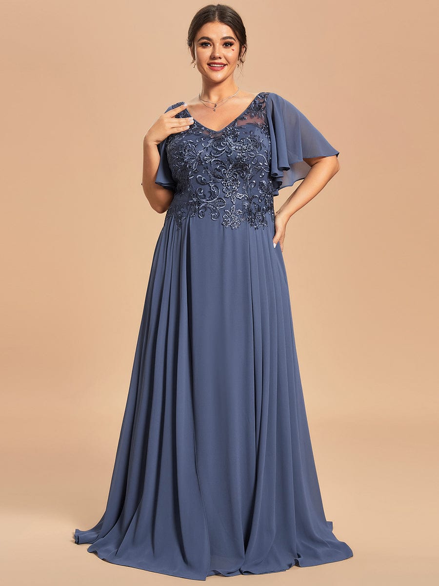 Custom Size Exquisite V-Neck Chiffon Mother of the Bride Dress with Embroidery #color_Stormy Custom Size Exquisite V-Neck Chiffon Mother of the Bride Dress with Embroidery