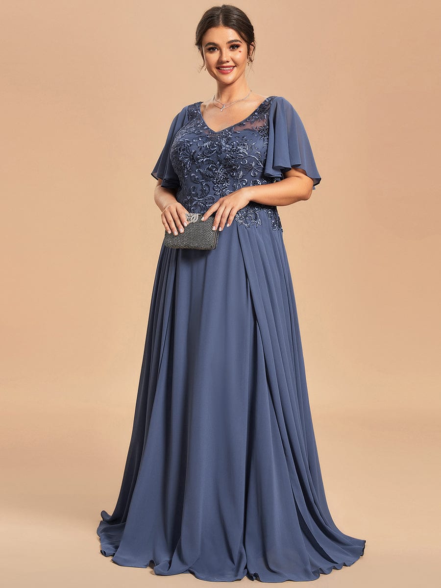 Custom Size Exquisite V-Neck Chiffon Mother of the Bride Dress with Embroidery #color_Stormy Custom Size Exquisite V-Neck Chiffon Mother of the Bride Dress with Embroidery
