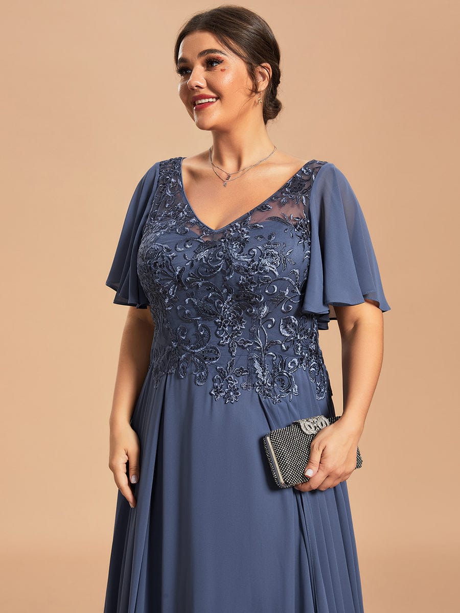 Custom Size Exquisite V-Neck Chiffon Mother of the Bride Dress with Embroidery #color_Stormy Custom Size Exquisite V-Neck Chiffon Mother of the Bride Dress with Embroidery