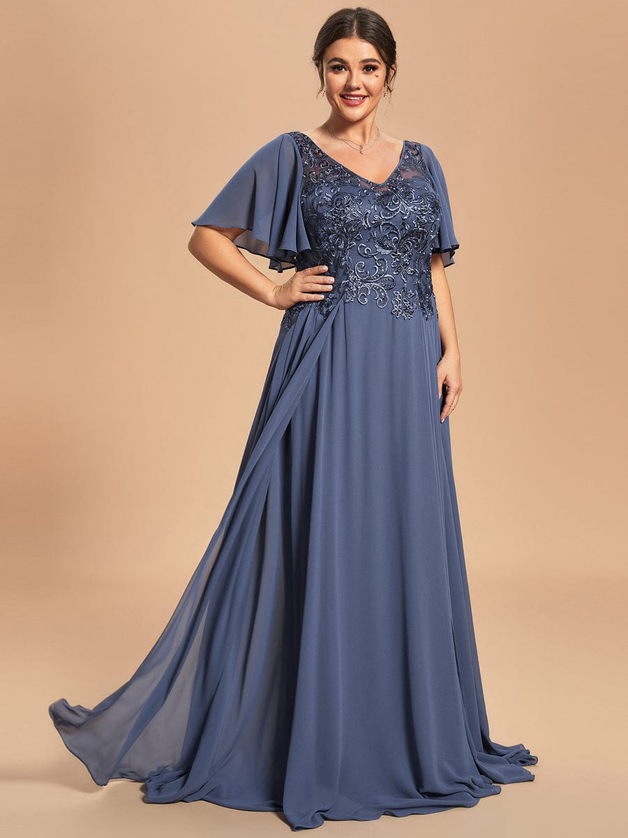 Custom Size Exquisite V-Neck Chiffon Mother of the Bride Dress with Embroidery #color_Stormy Custom Size Exquisite V-Neck Chiffon Mother of the Bride Dress with Embroidery