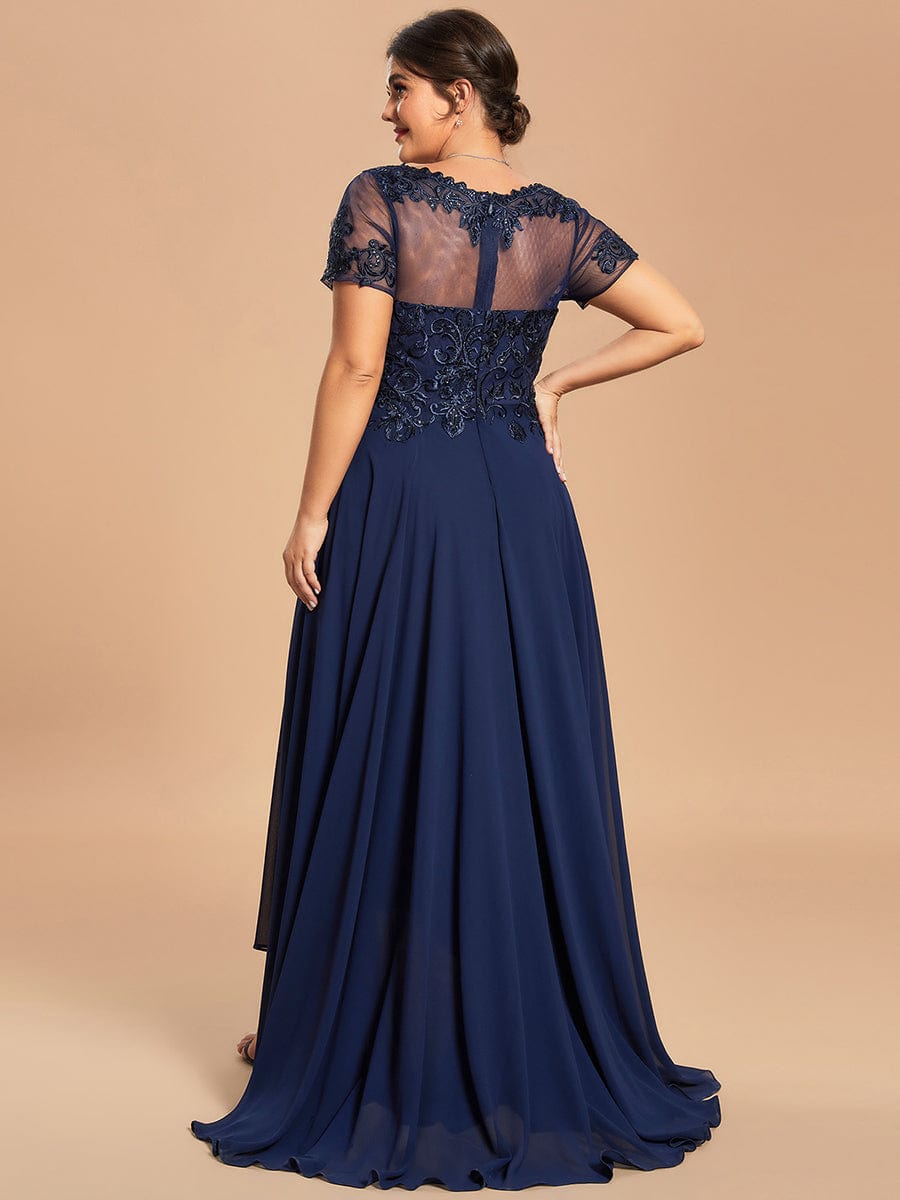 Custom Size Exquisite Embroidery Illusion Top A-Line Chiffon Mother of the Bride Dress #color_Navy Blue Custom Size Exquisite Embroidery Illusion Top A-Line Chiffon Mother of the Bride Dress
