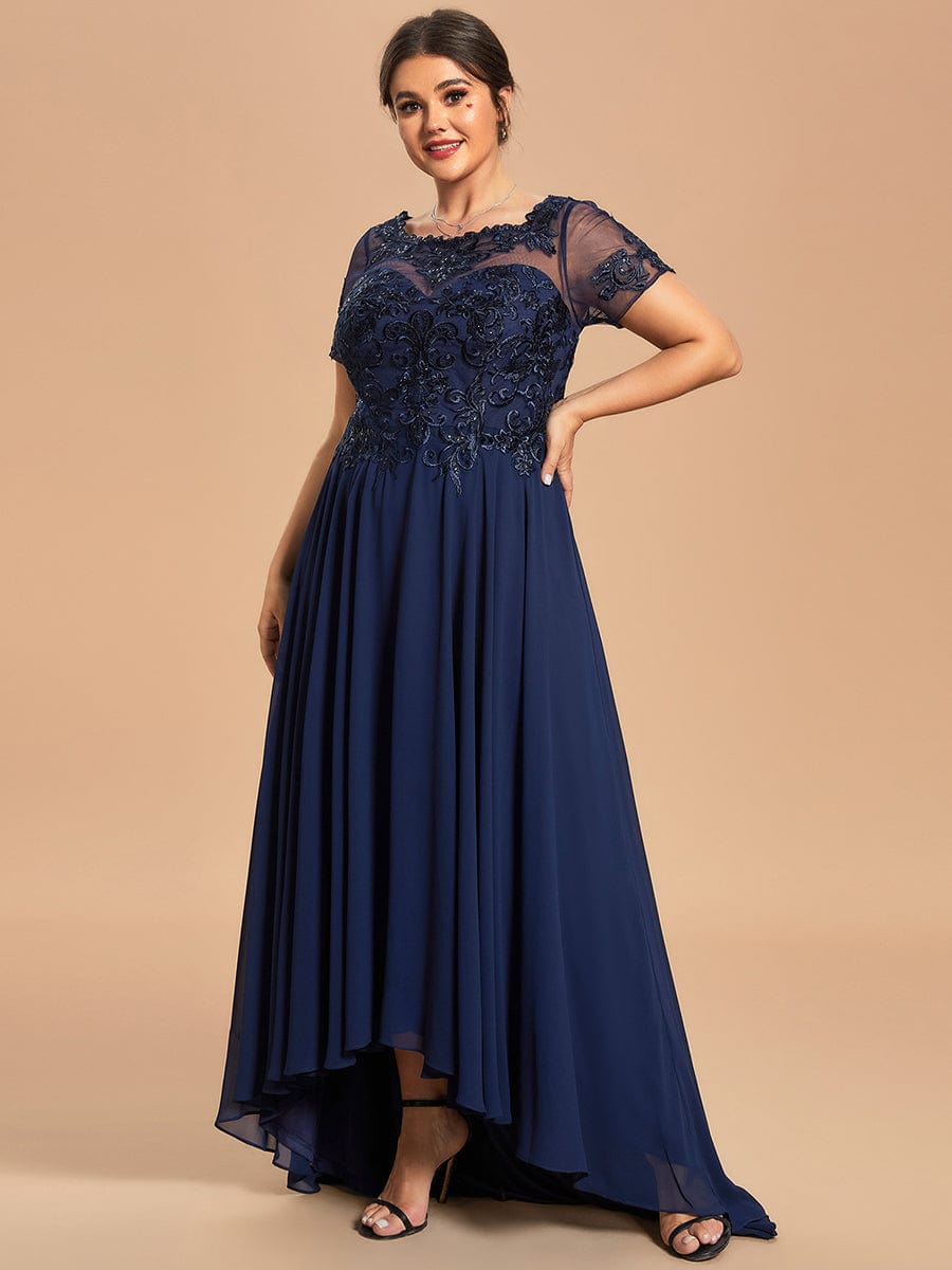 Custom Size Exquisite Embroidery Illusion Top A-Line Chiffon Mother of the Bride Dress #color_Navy Blue Custom Size Exquisite Embroidery Illusion Top A-Line Chiffon Mother of the Bride Dress