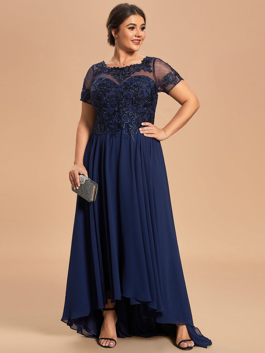 Custom Size Exquisite Embroidery Illusion Top A-Line Chiffon Mother of the Bride Dress #color_Navy Blue Custom Size Exquisite Embroidery Illusion Top A-Line Chiffon Mother of the Bride Dress