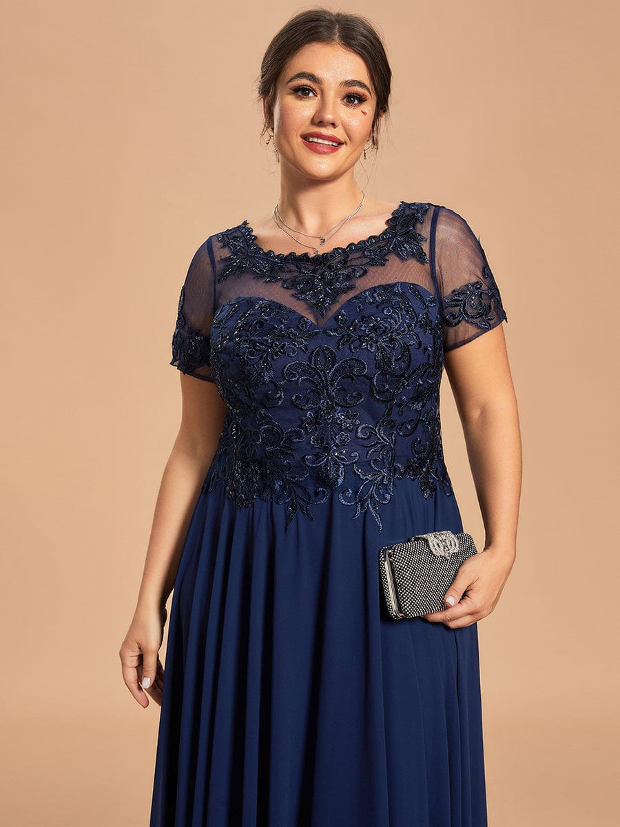 Custom Size Exquisite Embroidery Illusion Top A-Line Chiffon Mother of the Bride Dress #color_Navy Blue Custom Size Exquisite Embroidery Illusion Top A-Line Chiffon Mother of the Bride Dress