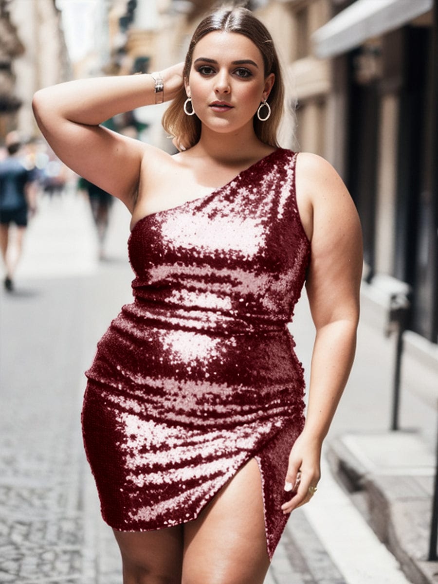 Plus Size Shiny One Shoulder Sequin Bodycon Sleeveless Homecoming Dress