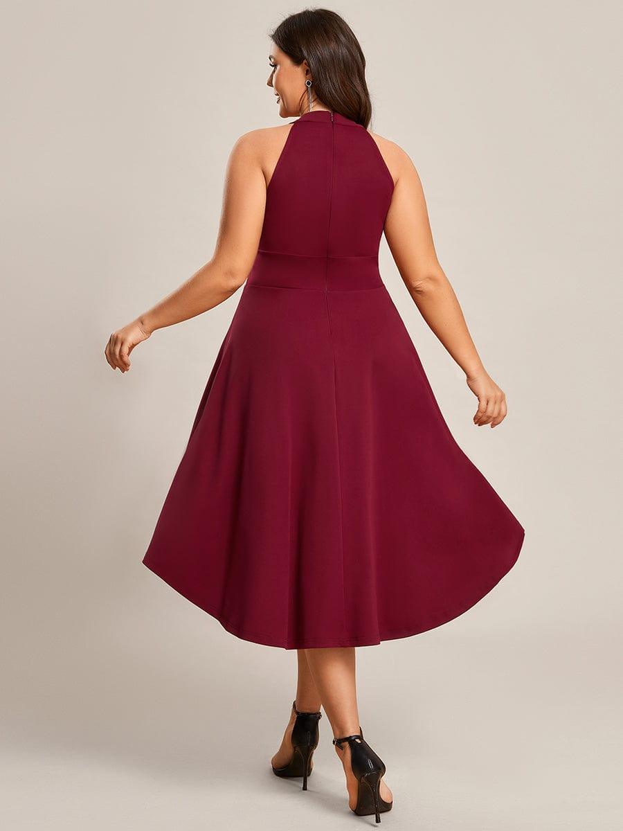 Halterneck Fashion Knee-Length A-Line Wedding Guest Dress #color_Burgundy