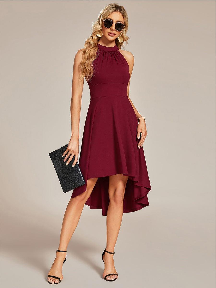 Halterneck Fashion Knee-Length A-Line Wedding Guest Dress #color_Burgundy