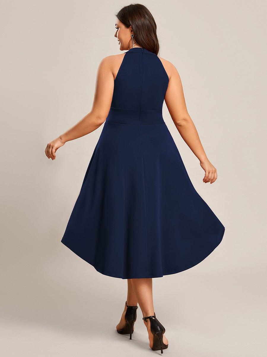 Halterneck Fashion Knee-Length A-Line Wedding Guest Dress #color_Navy Blue