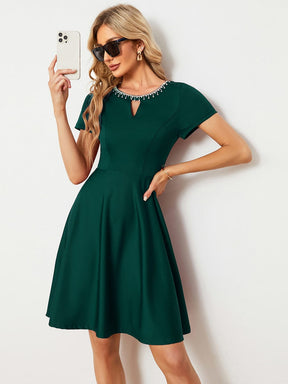 Rhinestone Neckline Short Sleeves A-Line Mini Summer 2024 Casual Dresses