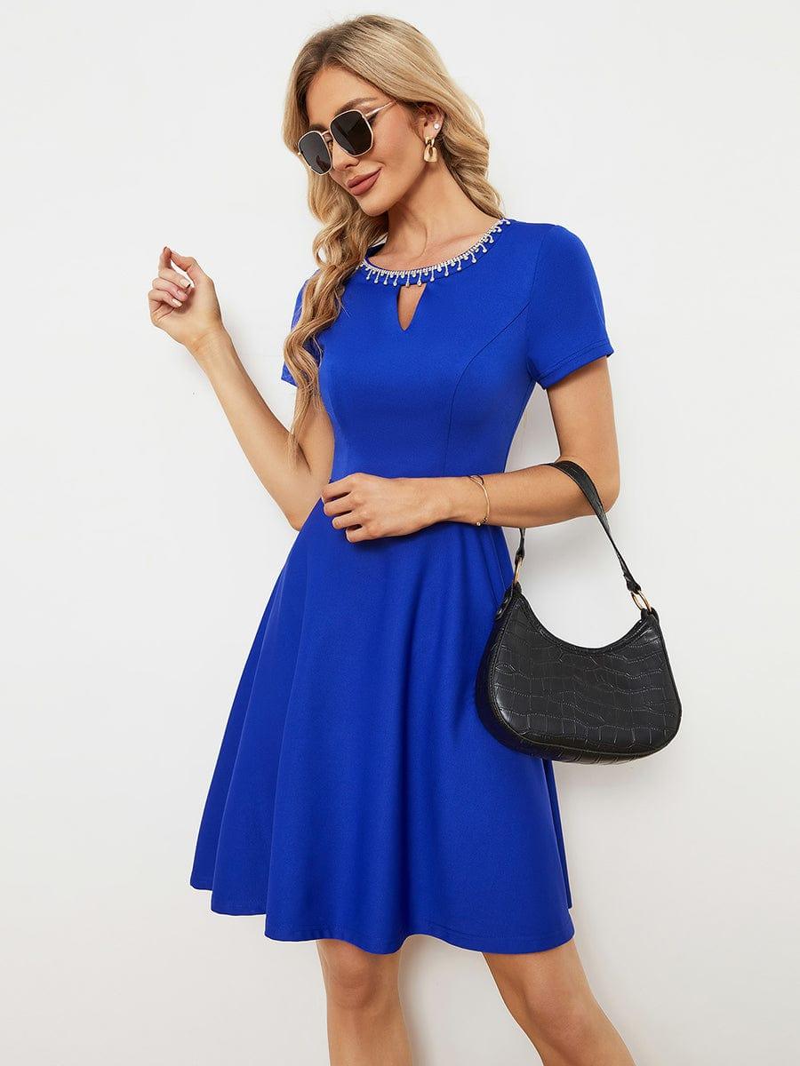 Rrhinestone Neckline Short Sleeves A-Line Mini Summer 2023 Casual Dresses #color_Sapphire Blue