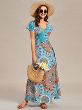 One-Piece Printed Short Sleeve Tie-Waist Wedding Guest Dress #color_Bohemian Light Blue