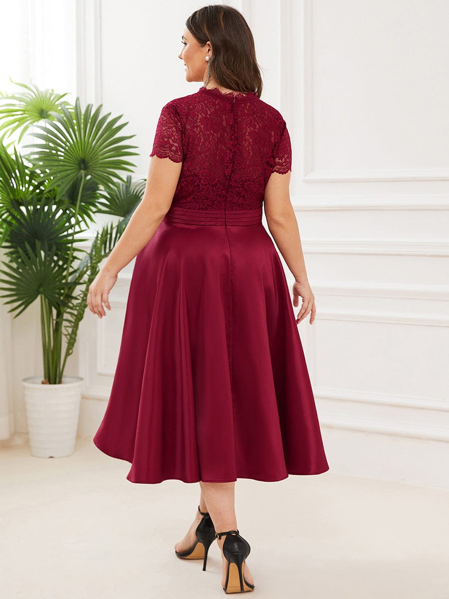 Custom Size V-neck Lace Bodice A-line Cocktail Dress with Sleeves #color_Burgundy