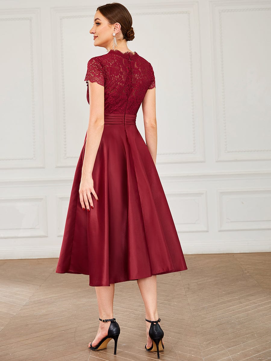 Romantic V-neck Lace Bodice A-line Cocktail Dress #color_Burgundy