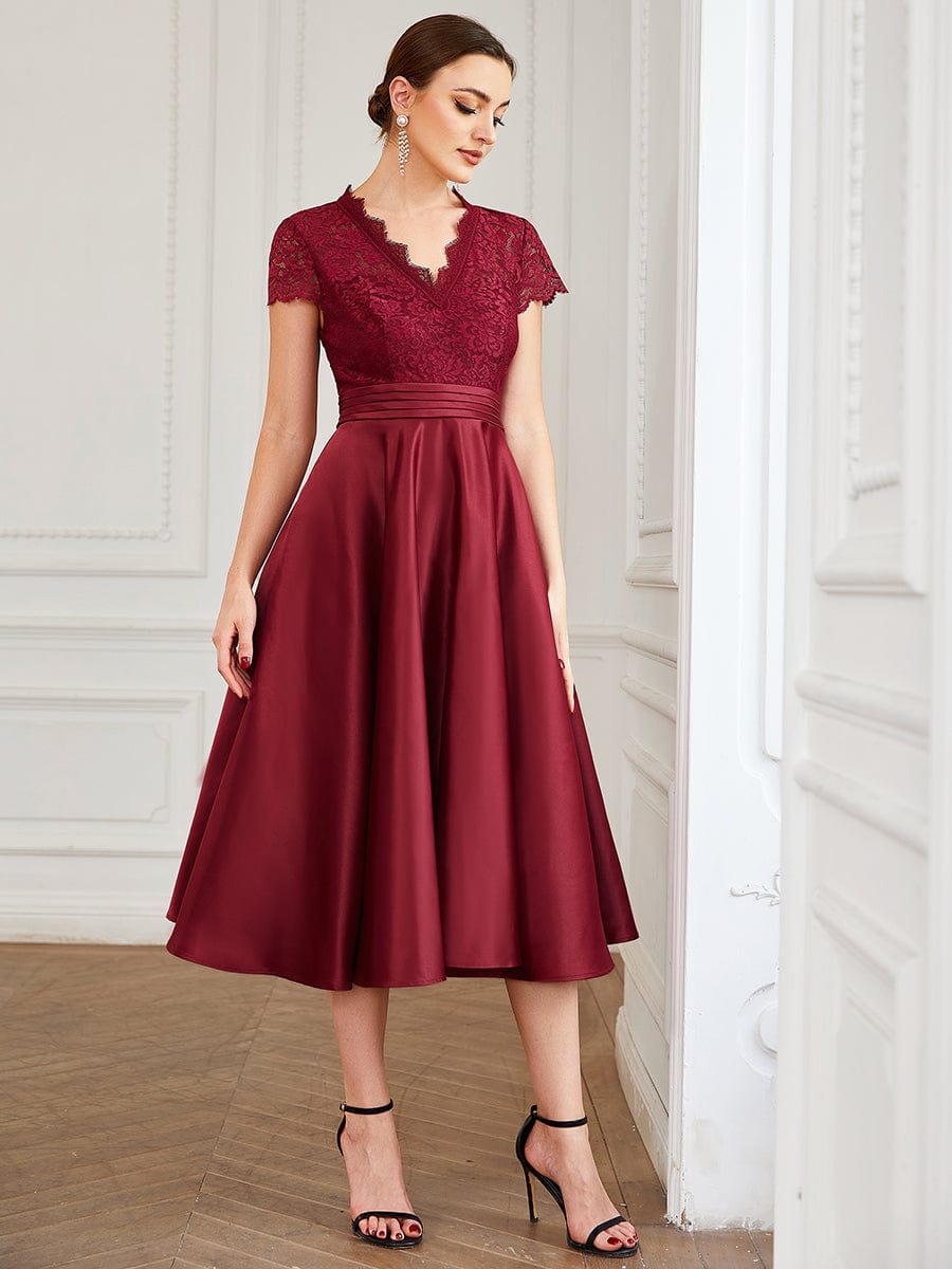 Romantic V-neck Lace Bodice A-line Cocktail Dress #color_Burgundy