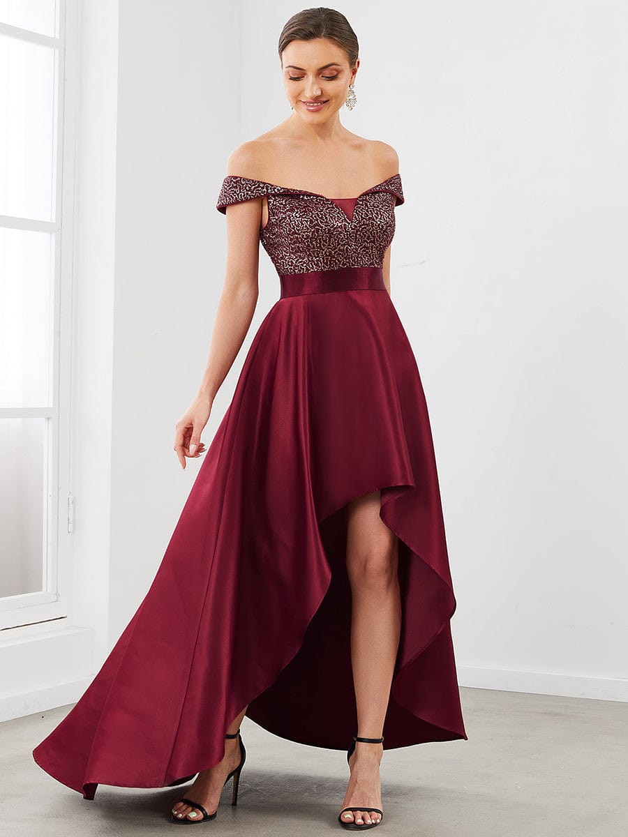 Sequin Off-Shoulder Illusion Sweetheart Ribbon Waist High Low Evening Dress