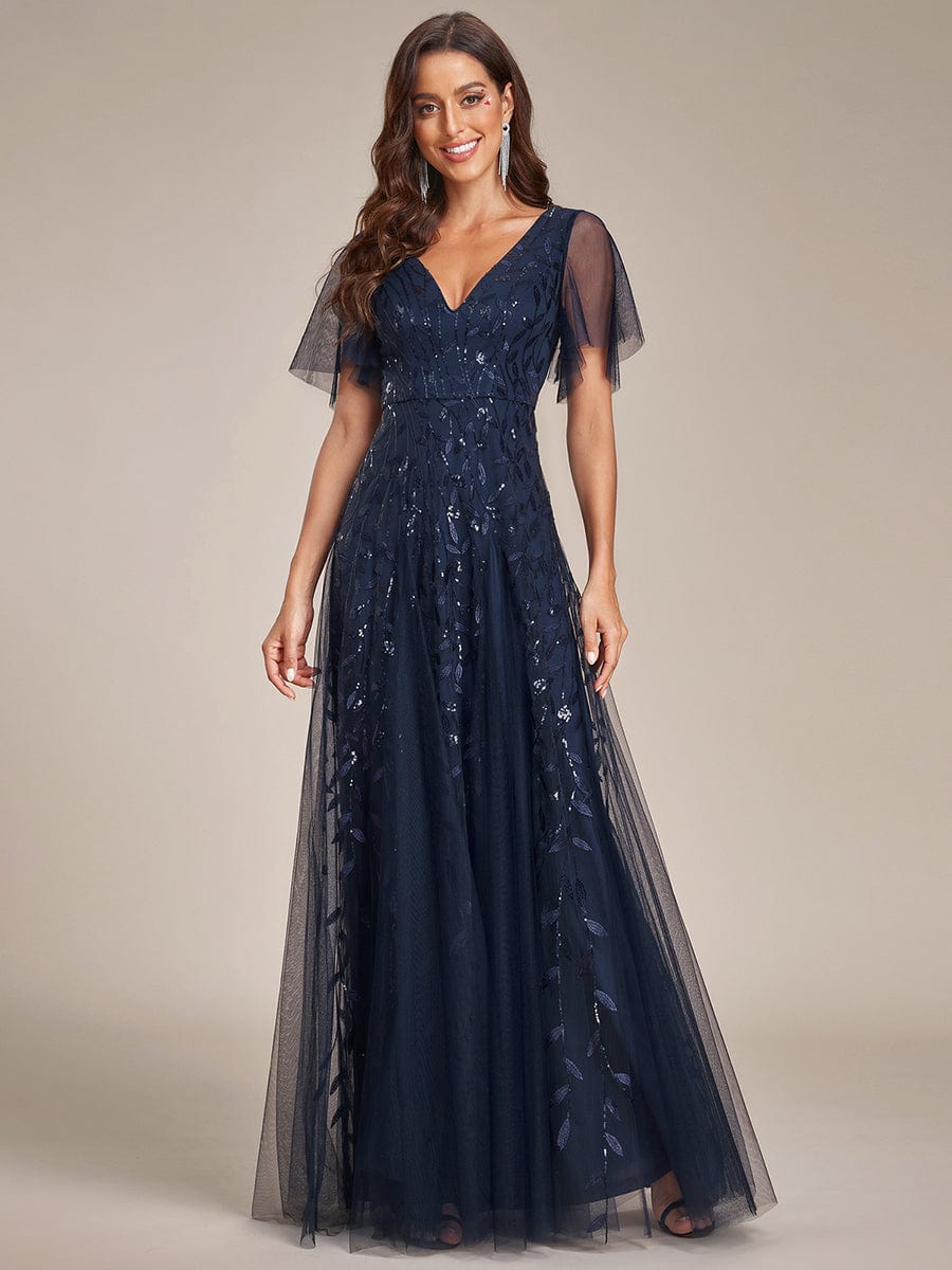 Shimmery V Neck Ruffle Sleeves Sequin Maxi Long Evening Dress #color_Navy Blue