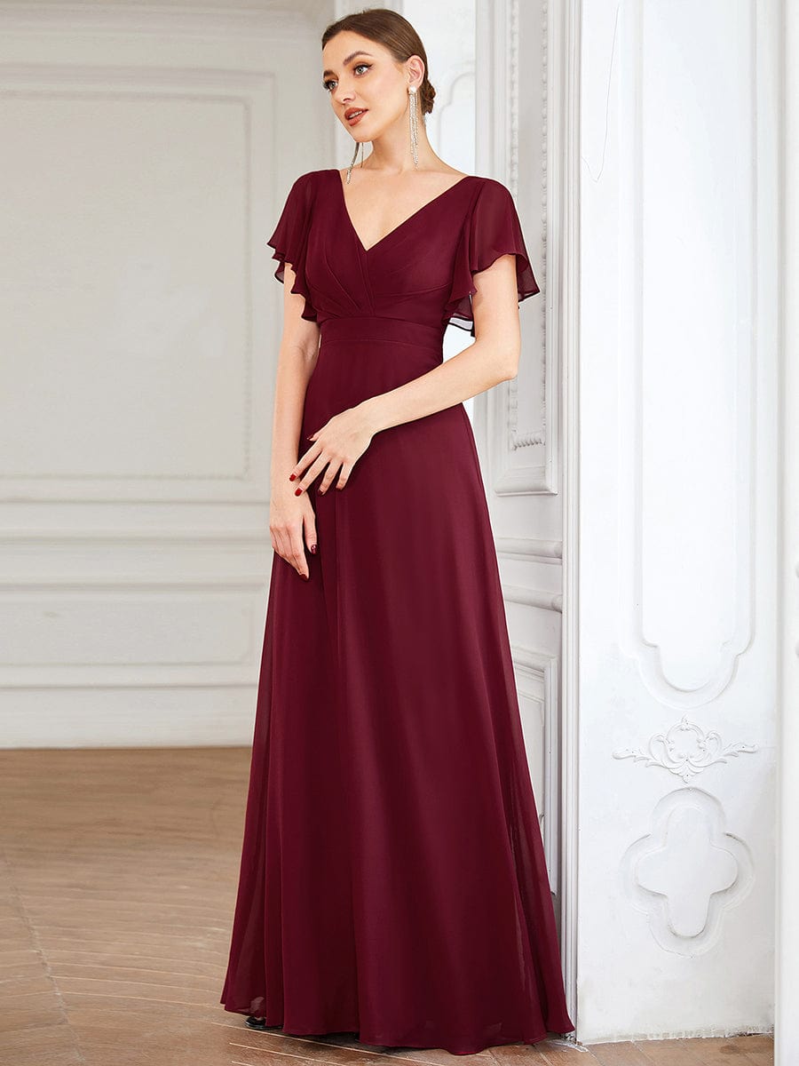 Custom Size Short Ruffle Sleeve Pleated Chiffon A-Line Evening Dress