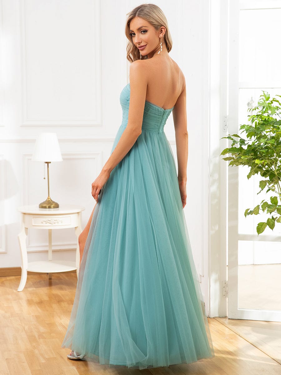 Strapless Ruched Tulle High Slit Floor-Length Evening Dress #color_Dusty Blue Strapless Ruched Tulle High Slit Floor-Length Evening Dress