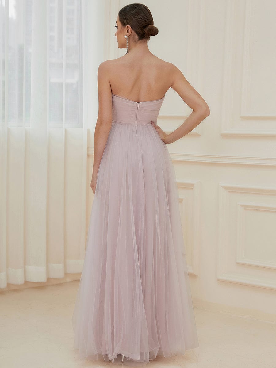 Strapless Ruched Tulle High Slit Floor-Length Evening Dress #color_Dusty Blue Strapless Ruched Tulle High Slit Floor-Length Evening Dress