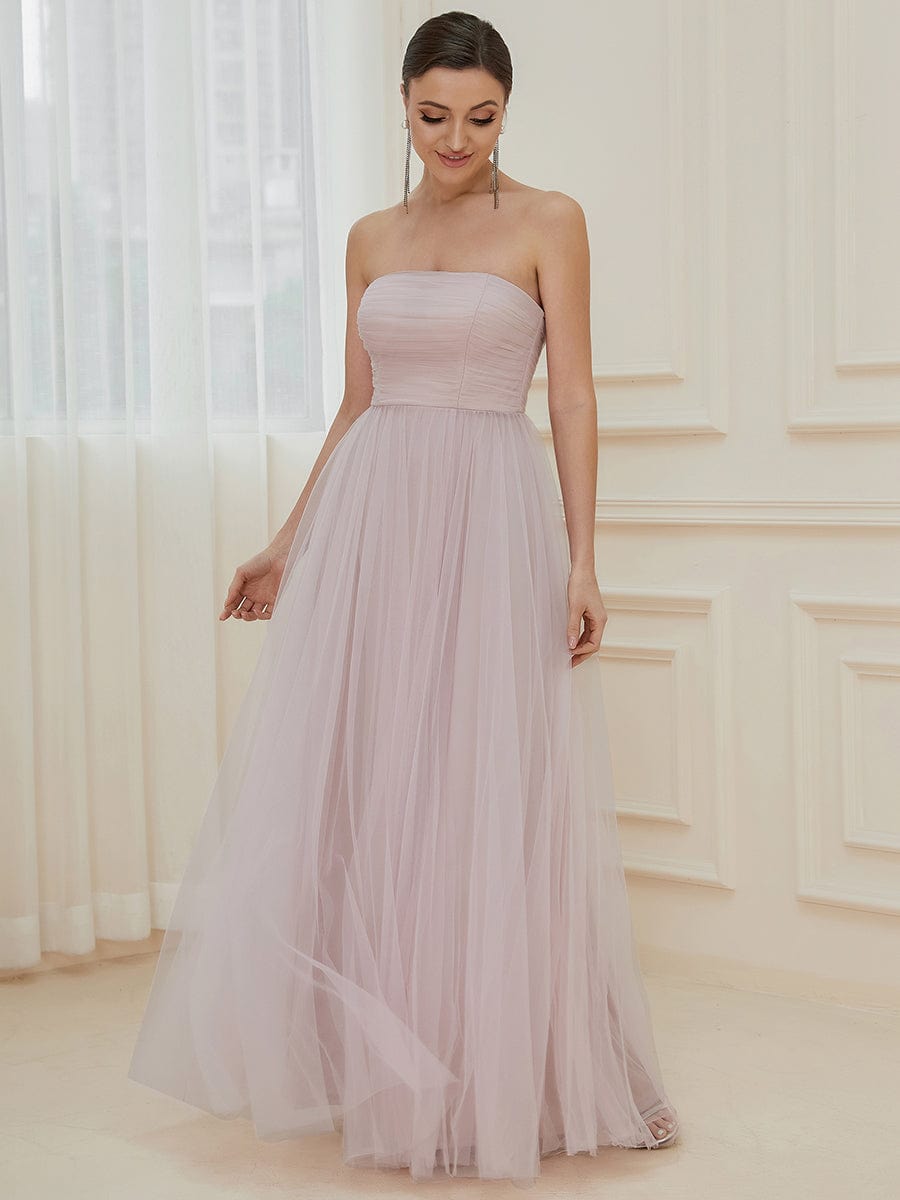 Strapless Ruched Tulle High Slit Floor-Length Evening Dress #color_Dusty Blue Strapless Ruched Tulle High Slit Floor-Length Evening Dress