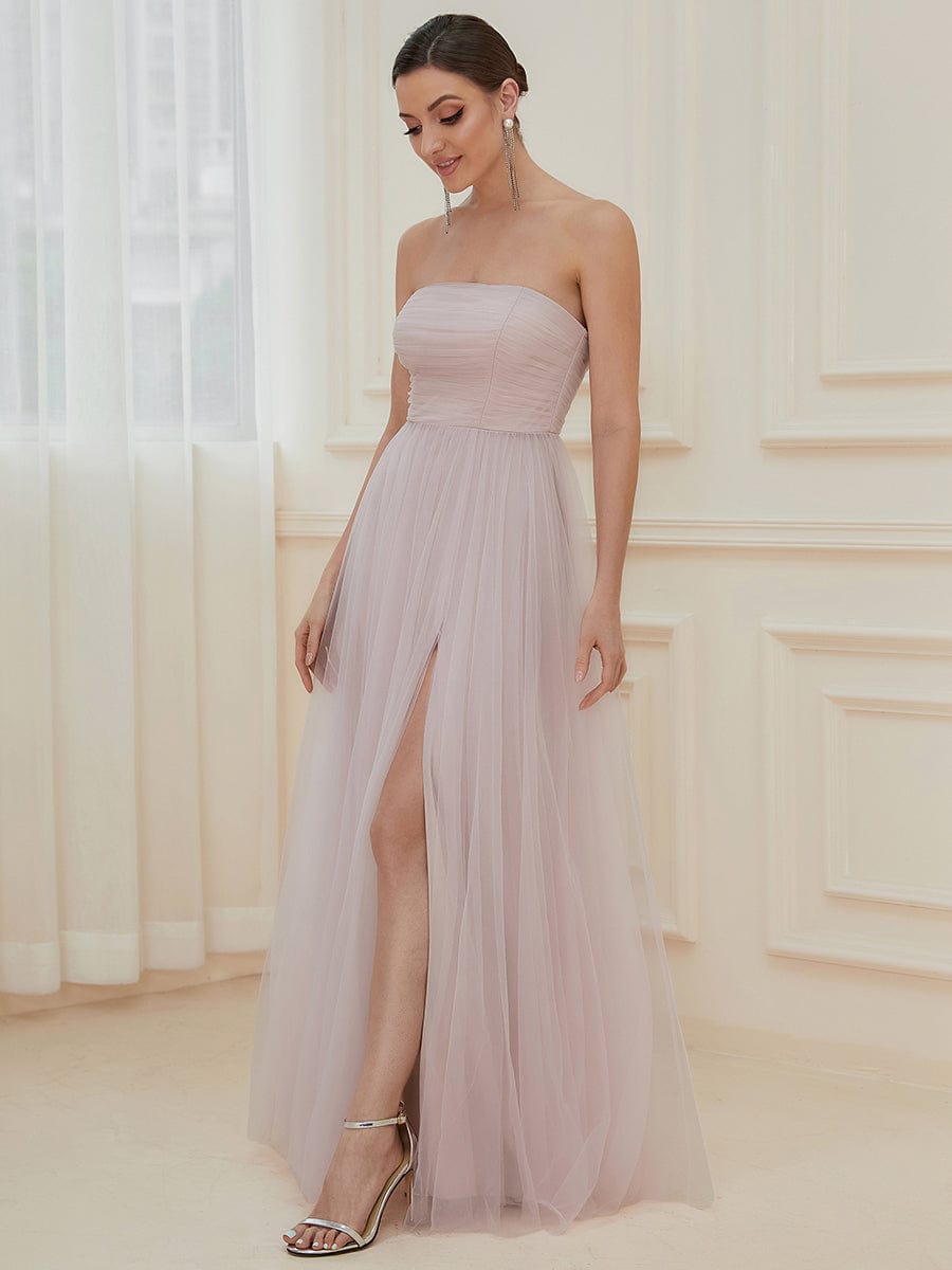 Strapless Ruched Tulle High Slit Floor-Length Evening Dress #color_Dusty Blue Strapless Ruched Tulle High Slit Floor-Length Evening Dress