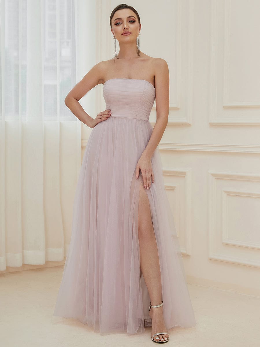 Strapless Ruched Tulle High Slit Floor-Length Evening Dress #color_Dusty Blue Strapless Ruched Tulle High Slit Floor-Length Evening Dress