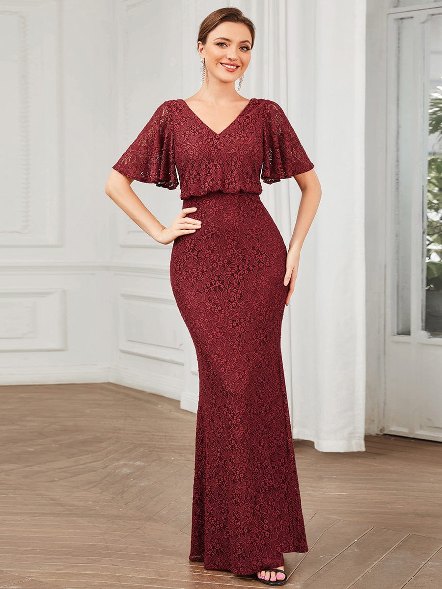 Short Cape Sleeve Embroidered Lace Bodycon Evening Dress #color_Burgundy Short Cape Sleeve Embroidered Lace Bodycon Evening Dress