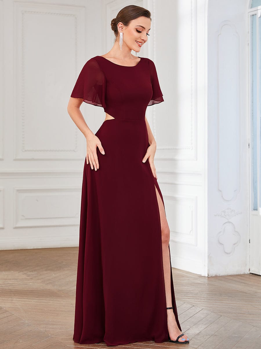 Flutter Sleeve Cutout Chiffon Caged Lace Up Evening Dress #Color_Burgundy Flutter Sleeve Cutout Chiffon Caged Lace Up Evening Dress