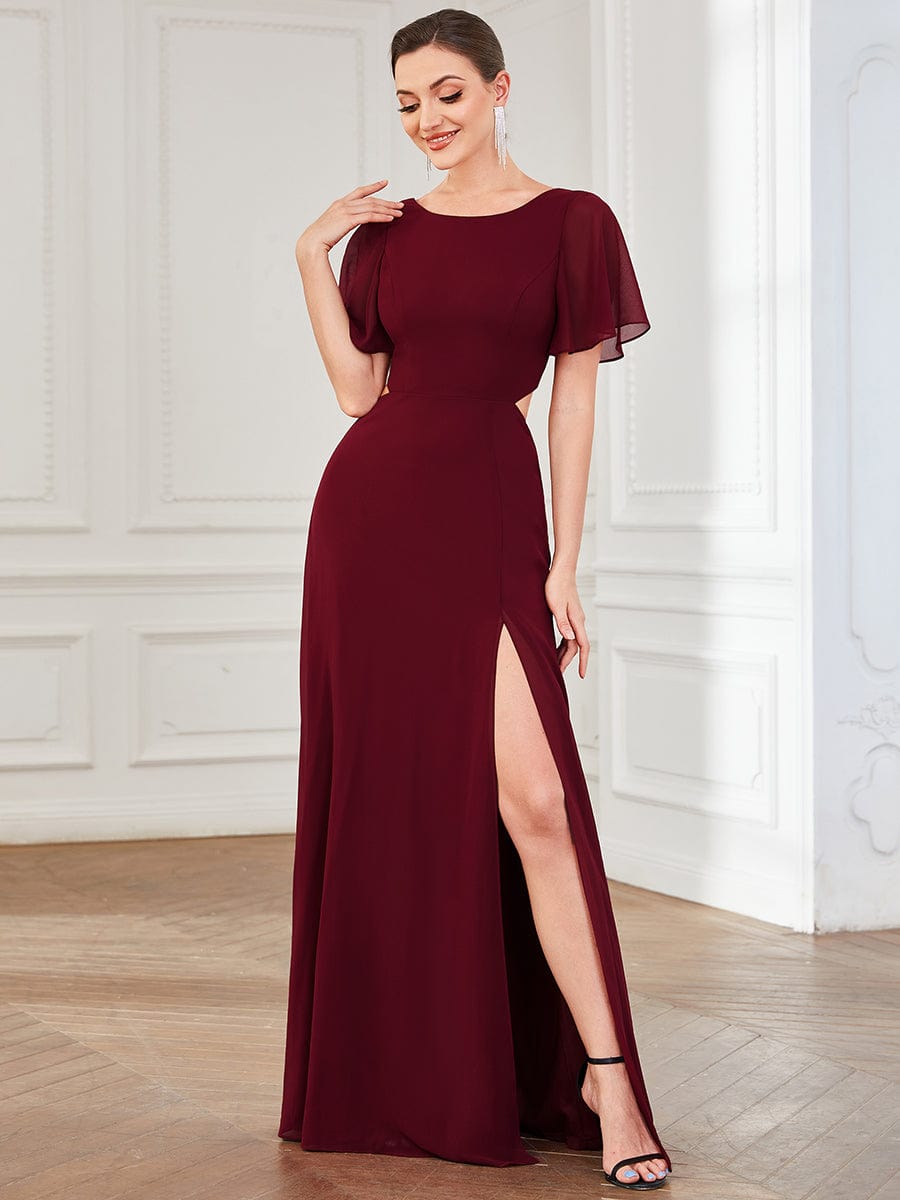 Flutter Sleeve Cutout Chiffon Caged Lace Up Evening Dress #Color_Burgundy Flutter Sleeve Cutout Chiffon Caged Lace Up Evening Dress