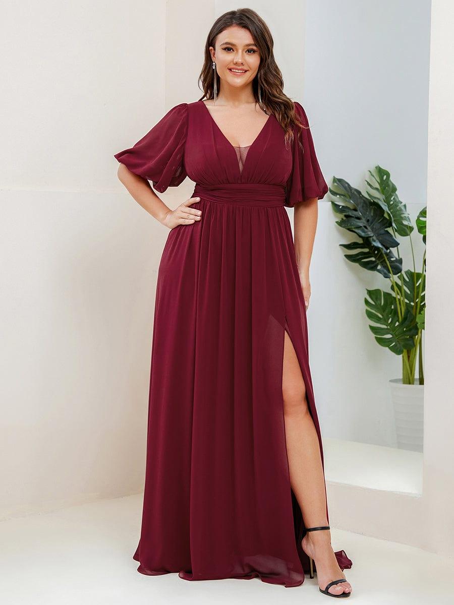 Plus Size V-Neck Front Slit Chiffon Evening Dress #color_Burgundy