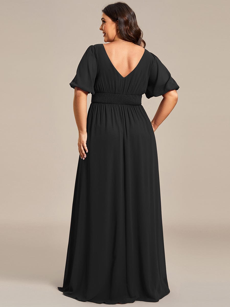 Plus Size V-Neck Front Slit Chiffon Evening Dress #Color_Black