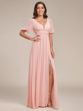 Chiffon Illusion V-Neck Flutter Sleeve Front Slit Evening Dress #Color_Pink