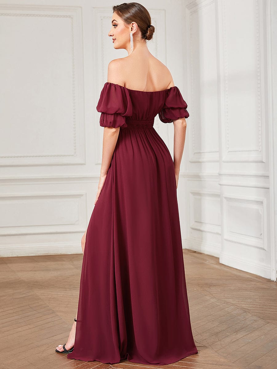 Chiffon Shirred Off-Shoulder High Slit Evening Dress #color_Burgundy Chiffon Shirred Off-Shoulder High Slit Evening Dress