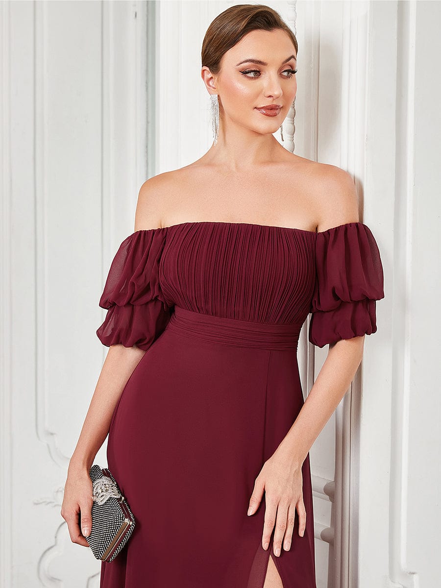 Chiffon Shirred Off-Shoulder High Slit Evening Dress #color_Burgundy Chiffon Shirred Off-Shoulder High Slit Evening Dress