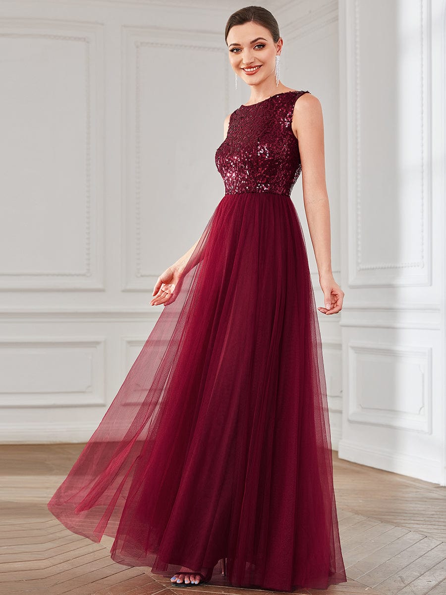 Sequin Sleeveless Lace-Up Tulle Evening Dress #Color_Burgundy
