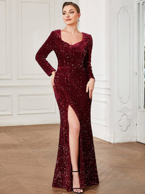 Sequin Long Sleeve Sweetheart Bodycon Front Slit Evening Dress