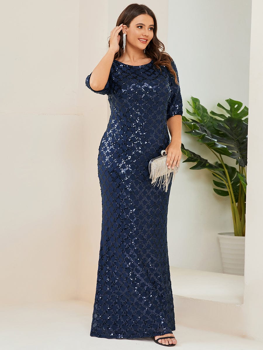 Plus Size Sequin Bodycon 3/4 Sleeve Boatneck Evening Dress #Color_Navy Blue Plus Size Sequin Bodycon 3/4 Sleeve Boatneck Evening Dress