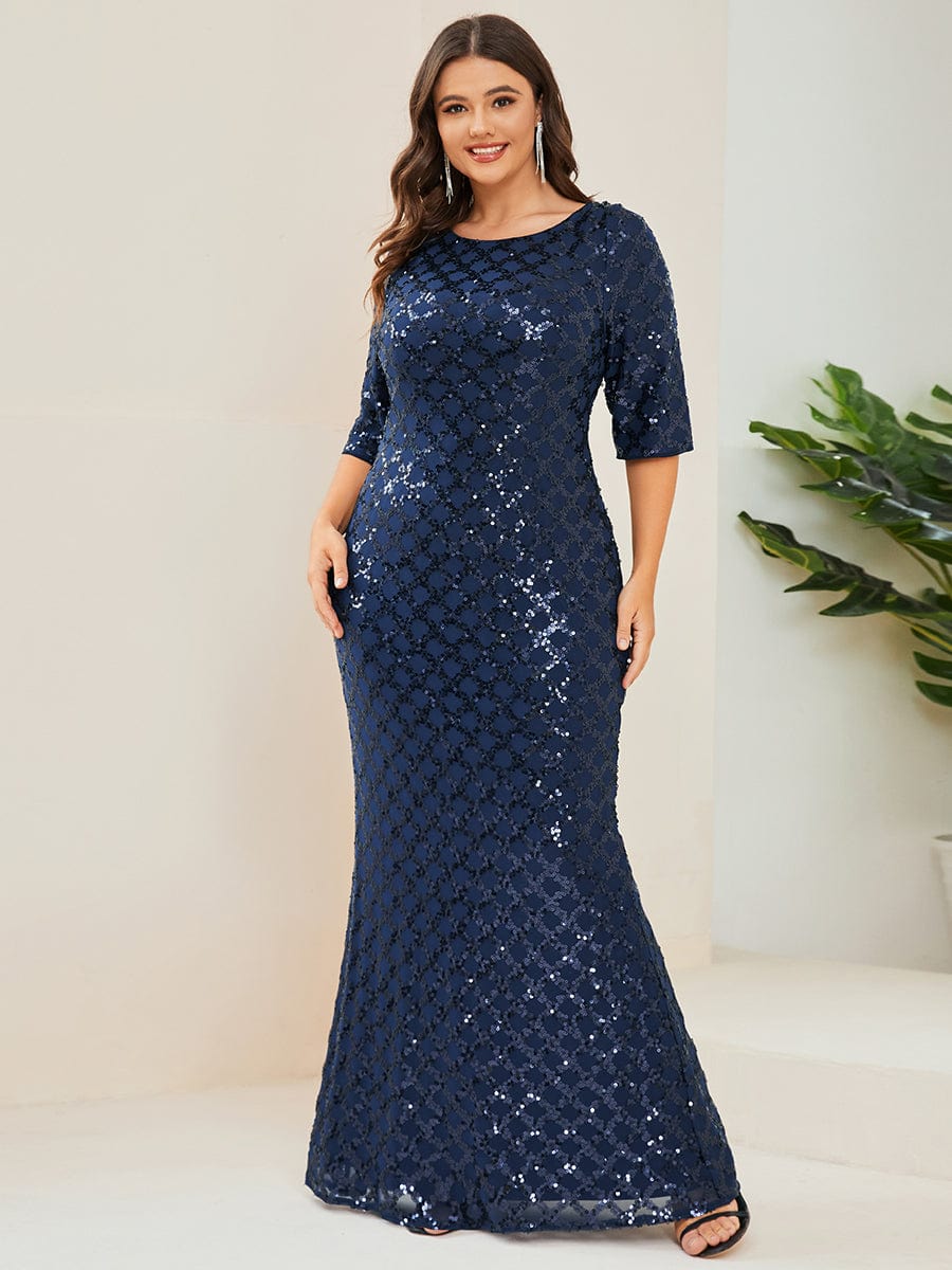 Plus Size Sequin Bodycon 3/4 Sleeve Boatneck Evening Dress #Color_Navy Blue Plus Size Sequin Bodycon 3/4 Sleeve Boatneck Evening Dress