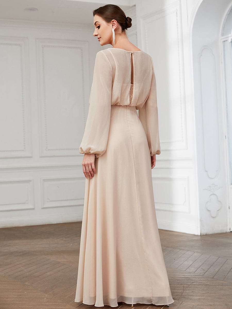Illusion Long Sleeve Chiffon A-Line Evening Dress #Color_Blush Illusion Long Sleeve Chiffon A-Line Formal Evening Dress