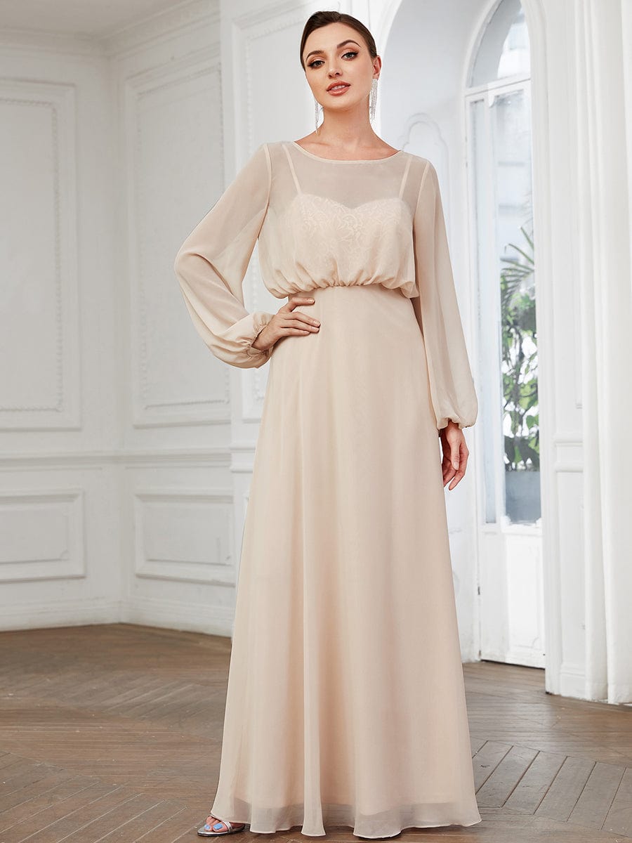 Illusion Long Sleeve Chiffon A-Line Evening Dress #Color_Blush Illusion Long Sleeve Chiffon A-Line Formal Evening Dress