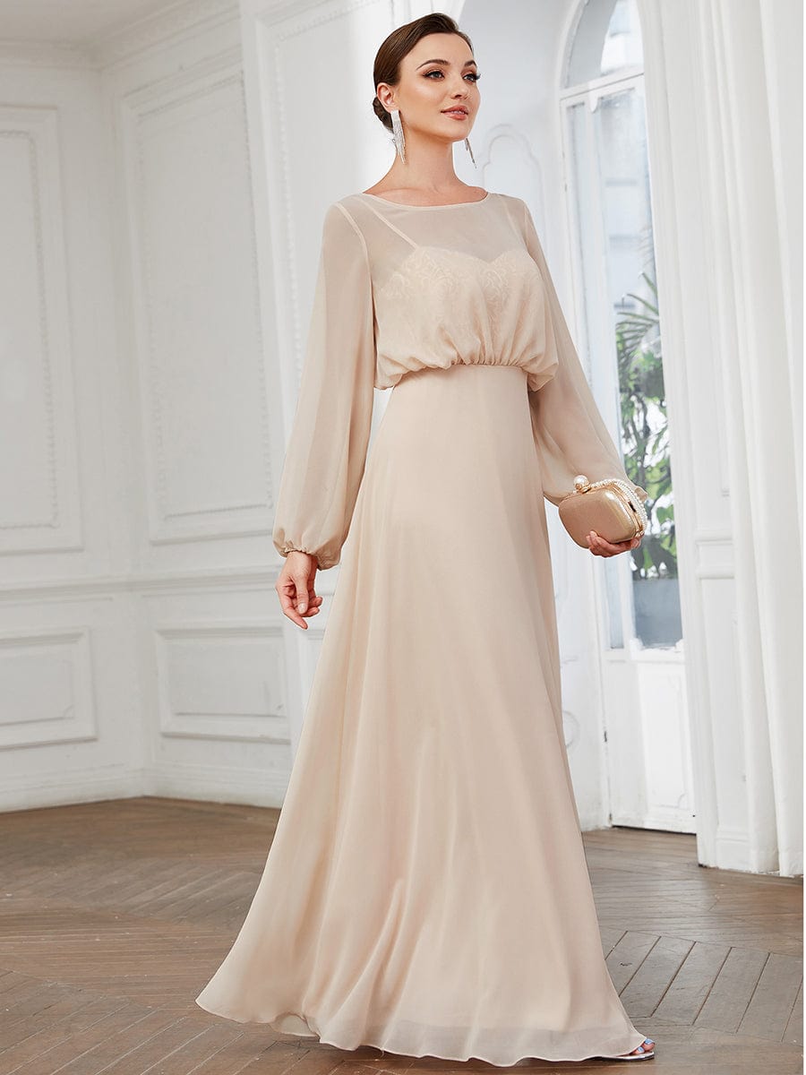 Illusion Long Sleeve Chiffon A-Line Evening Dress #Color_Blush Illusion Long Sleeve Chiffon A-Line Formal Evening Dress
