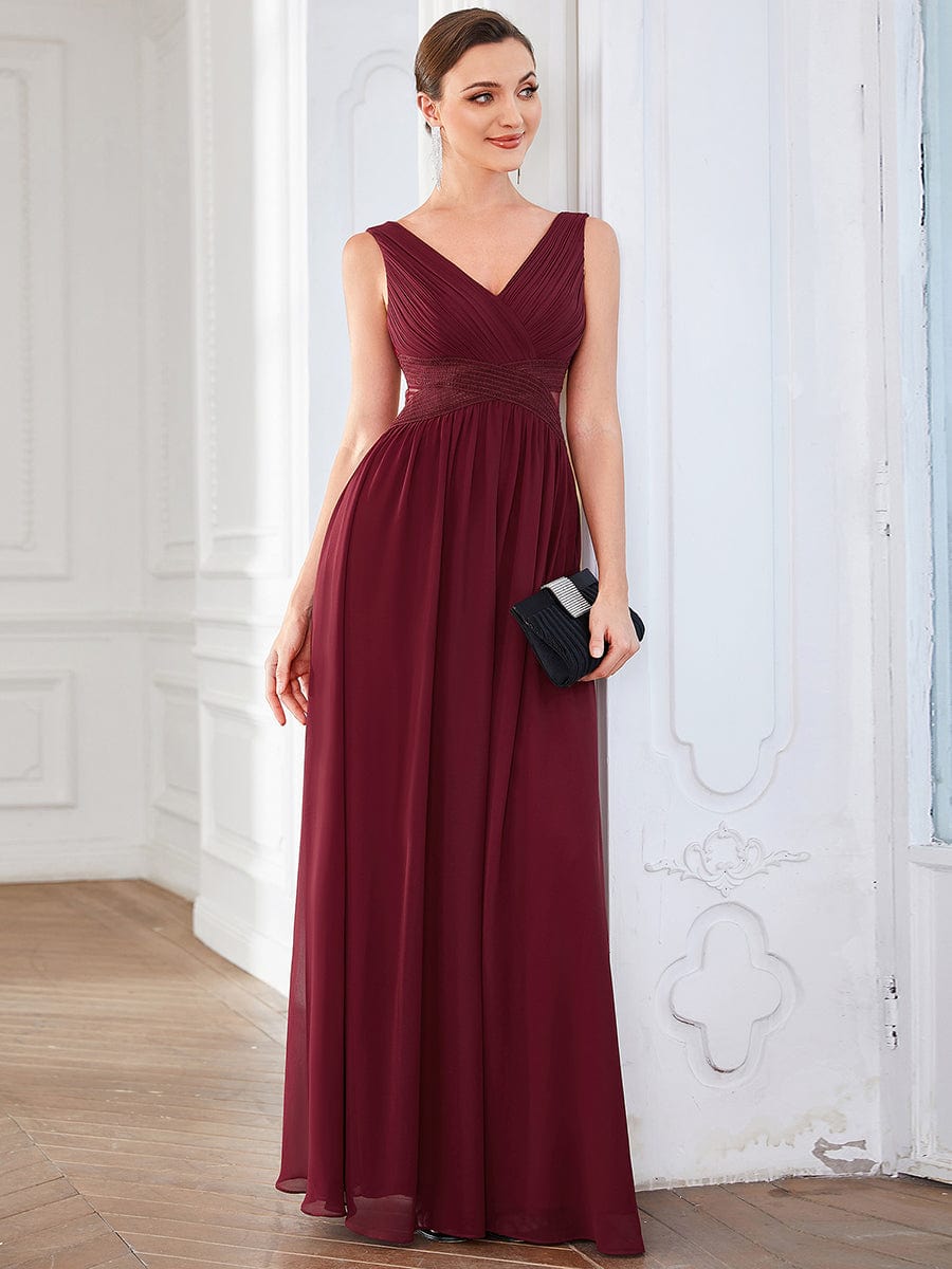 Chiffon V-Neck Backless Sleeveless Cut-Out Evening Dress #color_Burgundy Chiffon V-Neck Backless Sleeveless Cut-Out Evening Dress
