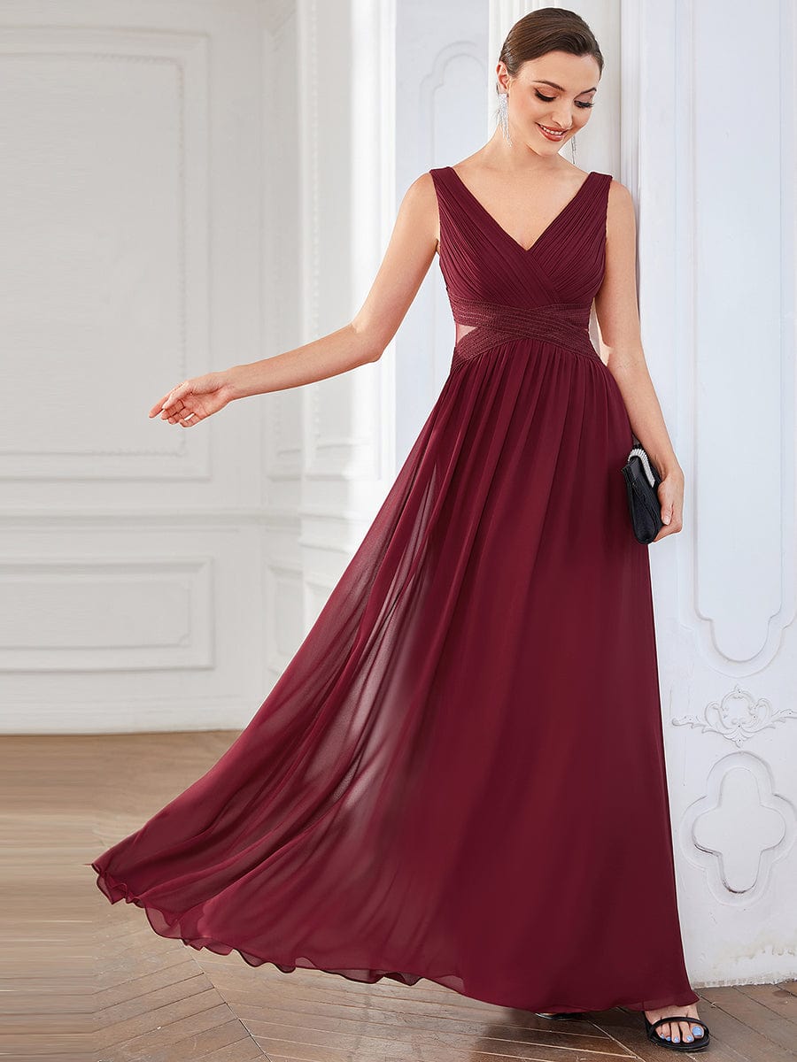 Chiffon V-Neck Backless Sleeveless Cut-Out Evening Dress #color_Burgundy Chiffon V-Neck Backless Sleeveless Cut-Out Evening Dress