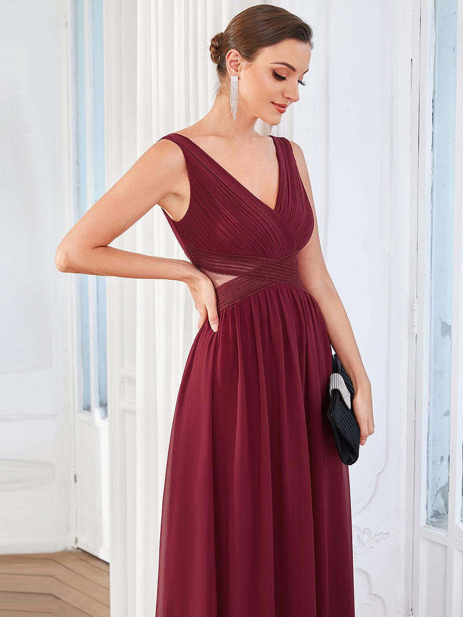 Chiffon V-Neck Backless Sleeveless Cut-Out Evening Dress #color_Burgundy Chiffon V-Neck Backless Sleeveless Cut-Out Evening Dress