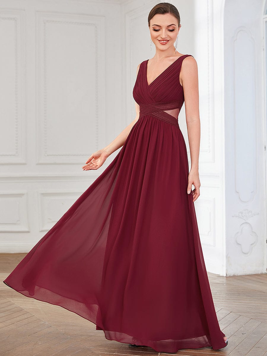 Chiffon V-Neck Backless Sleeveless Cut-Out Evening Dress #color_Burgundy Chiffon V-Neck Backless Sleeveless Cut-Out Evening Dress